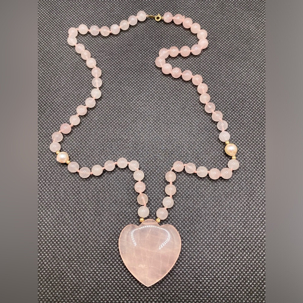 14k Hong Kong WW Rose Quartz Beaded Heart Pendant Necklace